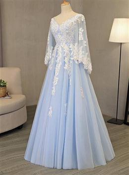 Picture of Charming Light Blue Tulle V-neckline Long Party Dresses, Prom Dresses